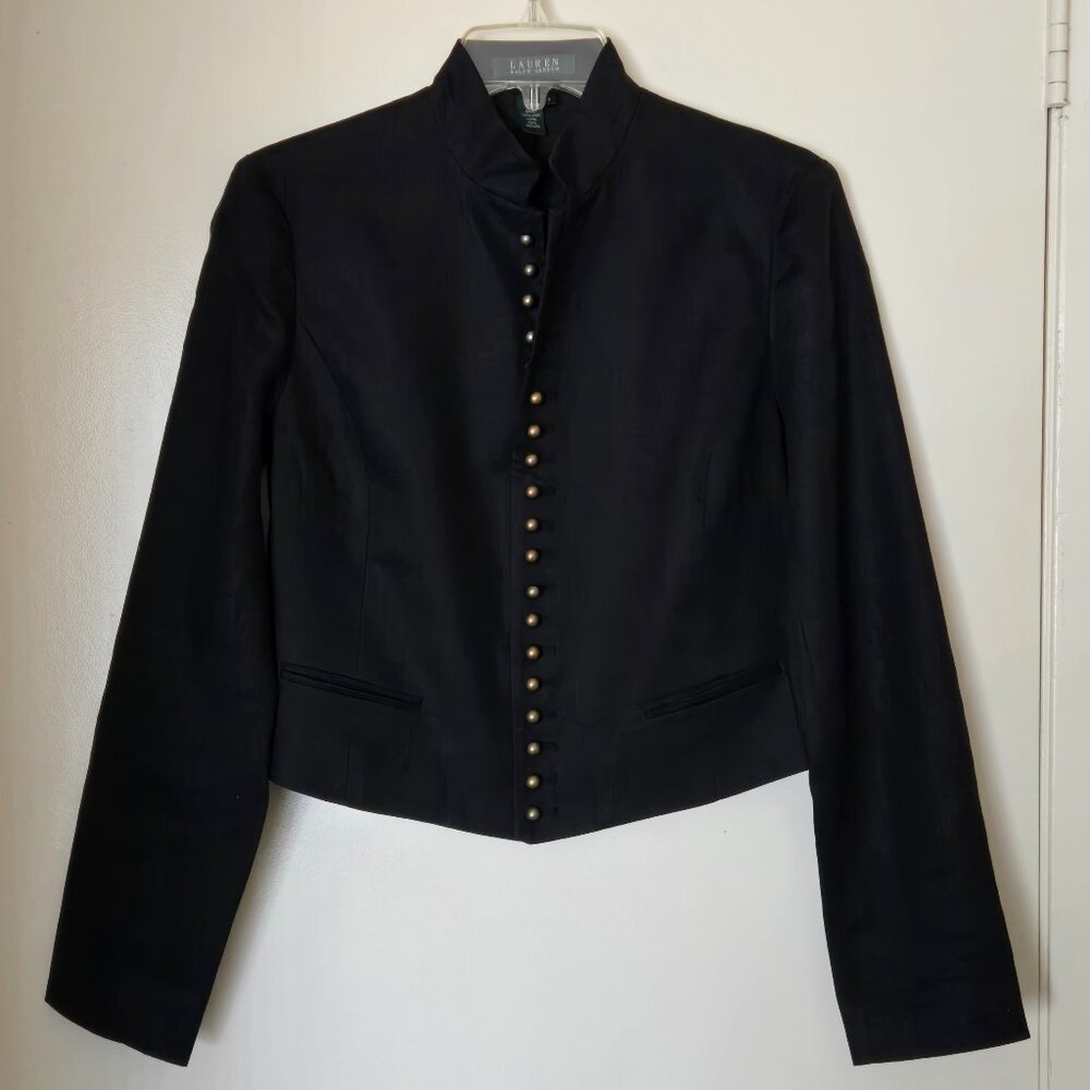 Ralph Lauren Linen Jacket Black Victorian Tailored Brass Buttons Stand Collar 4